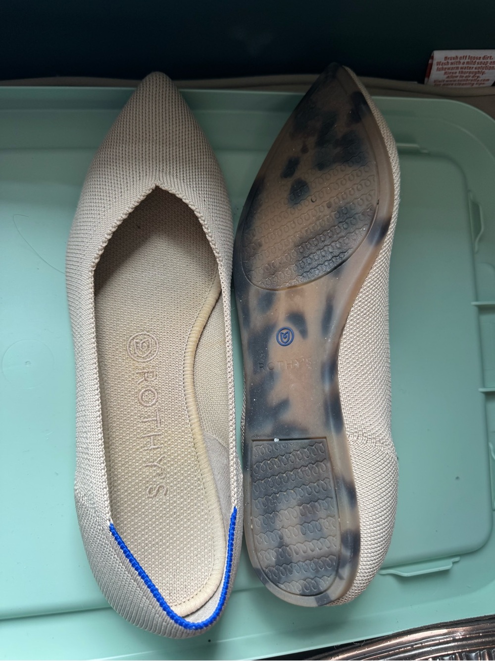 Rothy's Pointed Knit Flats in Light Beige with Blue Accent